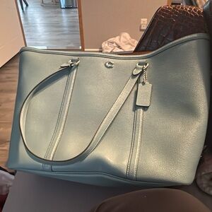 Coach Pebbled Leather Tote in Light Blue-Green